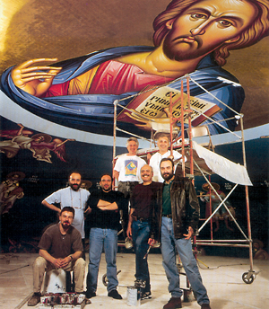 Dragomir Đekić (sitting) with collaborators in an orthodox church in Denver, USA